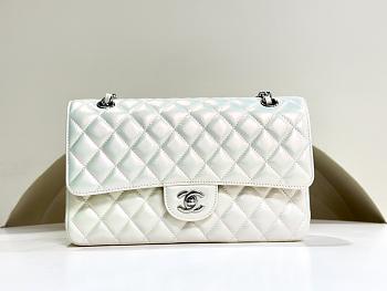 Chanel Medium Classic Flap In White Shiny Lambskin Leather-25cm