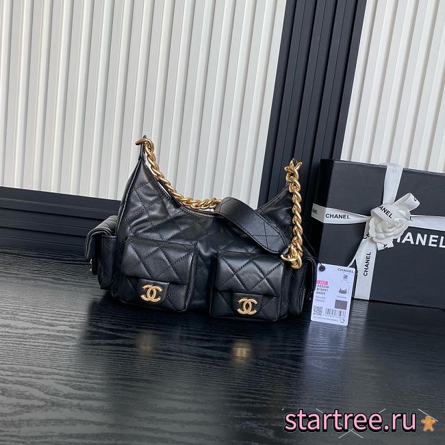 Chanel Shiny Lambskin Quilted Small CC Hobo Black-22x31x15cm - 1