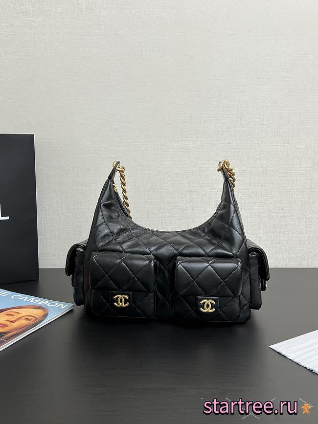 Chanel Shiny Lambskin Quilted Medium CC Hobo Black-27x35x18cm - 1