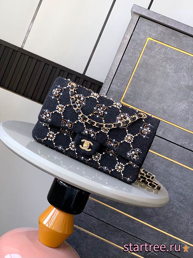 CHANEL 21A Pearl Strass Crystal CC Medium Classic Double Flap Bag-25cm - 1