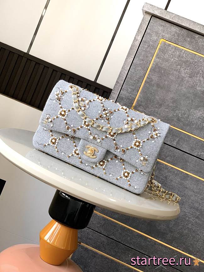CHANEL 21A Pearl Strass Crystal CC Medium Classic Double Flap Bag Grey-25cm - 1