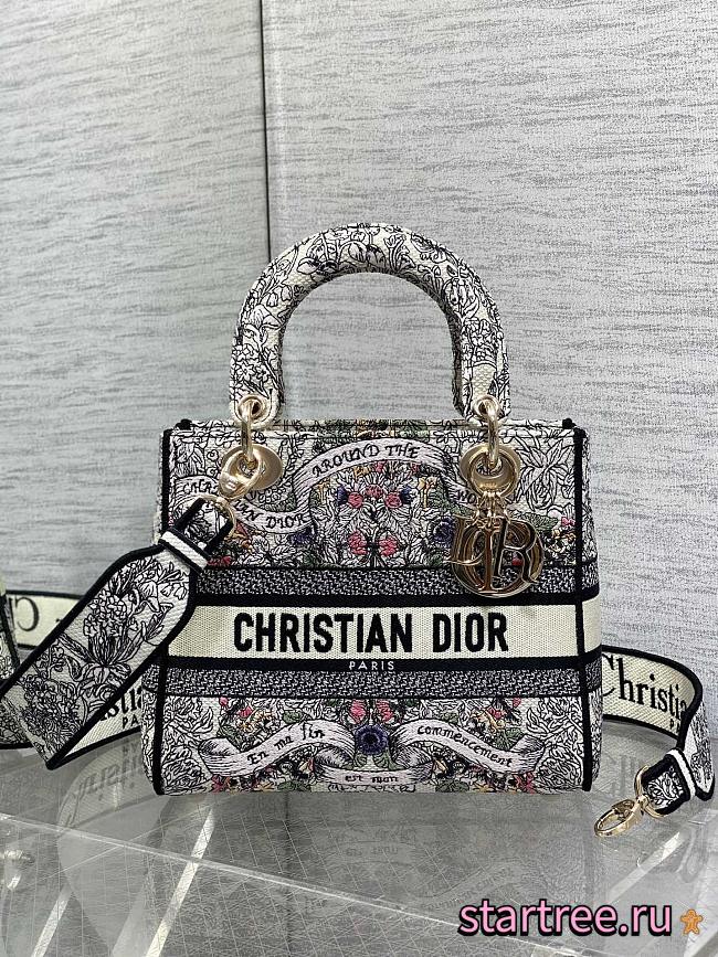 Dior Medium Lady D-Lite Bag Latte Embroidery with Multicolor-24cm - 1
