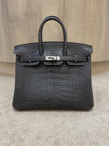 Hermes Birkin 25 Matte Black Crocodile Silver Hardware