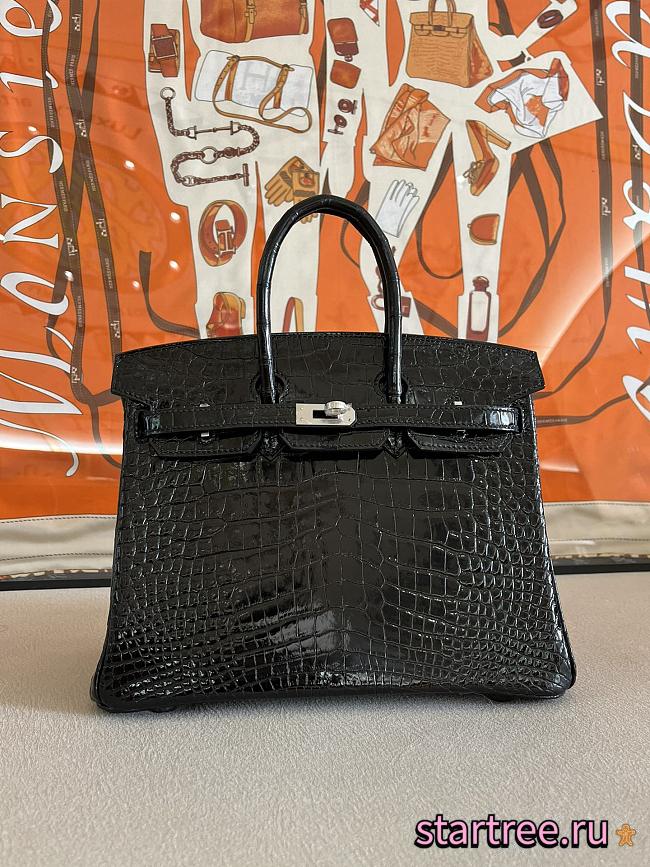 Hermes Birkin 25 Patent Black Crocodile Silver Hardware - 1