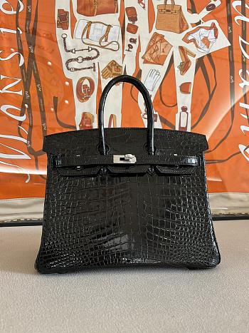 Hermes Birkin 25 Patent Black Crocodile Silver Hardware
