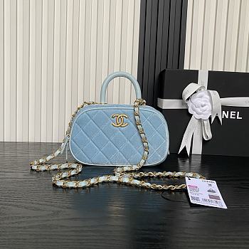 Chane Mini bowling bag, Velvet, calfskin Blue-11.5×20×8cm