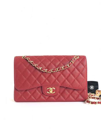Chanel Caviar Leather Jumbo Flap Bag Gold Red Large 30cm