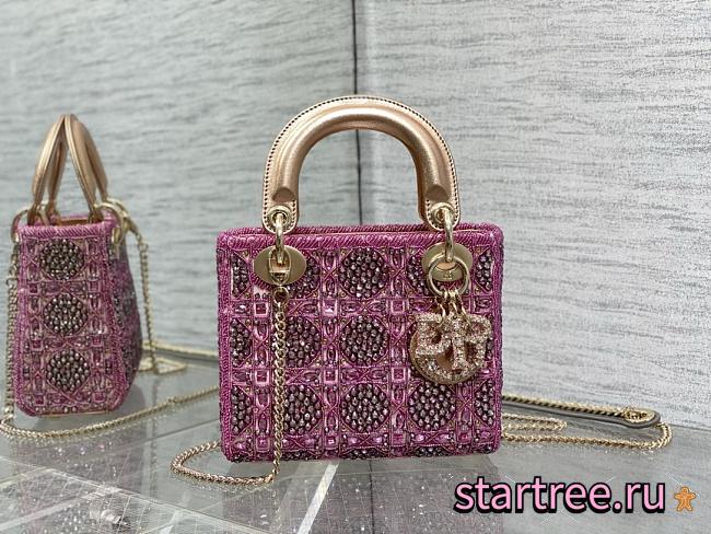 Dior Mini Lady Dior Bag Metallic Lambskin and Celestial Pink Satin Embroidered with Beads - 1