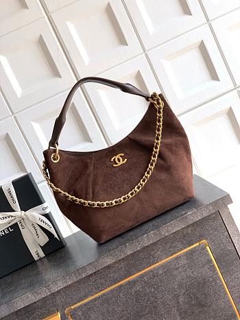 Chanel Small HOBO BAG Suede Calfskin, Lambskin & Gold-Tone Metal Dark Brown-24*31*10cm