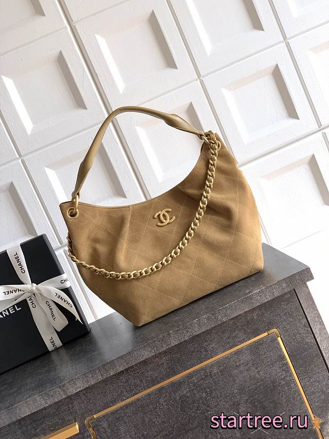 Chanel Small HOBO BAG Suede Calfskin, Lambskin & Gold-Tone Metal Light Brown-24*31*10cm - 1