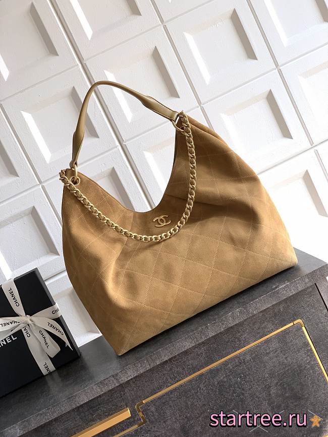 Chanel Maxi Hobo Bag Suede Calfskin, Lambskin & Gold-Tone Metal Light Brown-35*38*14cm - 1