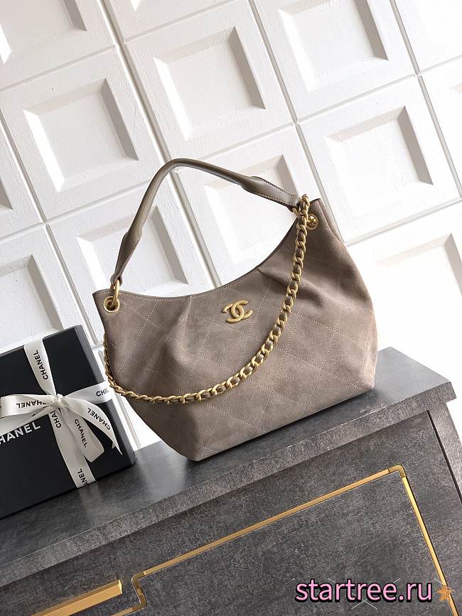 Chanel Small HOBO BAG Suede Calfskin, Lambskin & Gold-Tone Metal Dark Grey-24*31*10cm - 1
