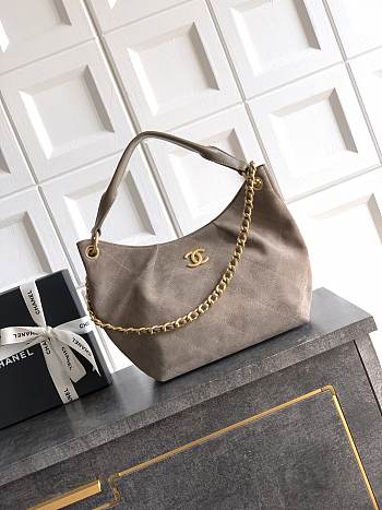 Chanel Small HOBO BAG Suede Calfskin, Lambskin & Gold-Tone Metal Dark Grey-24*31*10cm