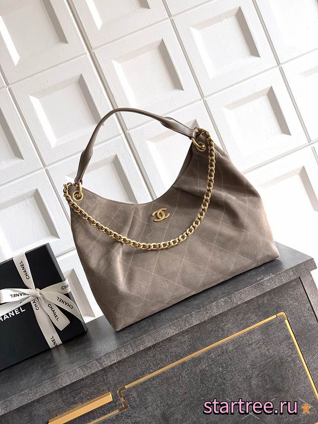 Chanel Medium HOBO BAG Suede Calfskin, Lambskin & Gold-Tone Metal Dark Grey-29*35*13cm - 1