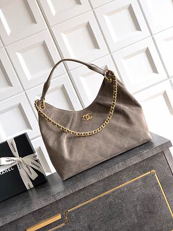 Chanel Medium HOBO BAG Suede Calfskin, Lambskin & Gold-Tone Metal Dark Grey-29*35*13cm