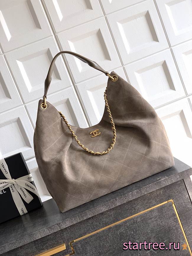 Chanel Maxi Hobo Bag Suede Calfskin, Lambskin & Gold-Tone Metal Dark Grey-35*38*14cm - 1