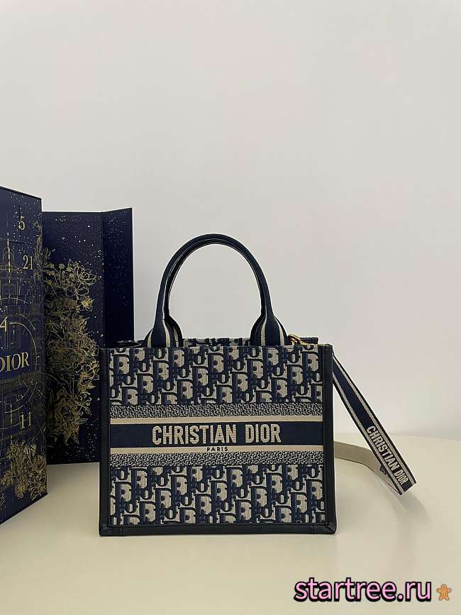 Dior Small Book Tote  Blue Dior Oblique Embroidery and Calfskin-26cm - 1
