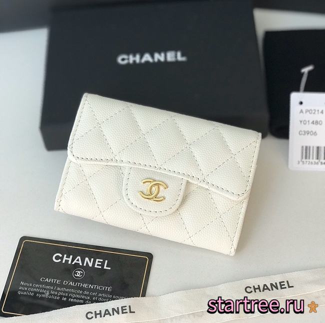 CHANEL Card Holder Caviar leather White Gold-11*8.5*3cm - 1