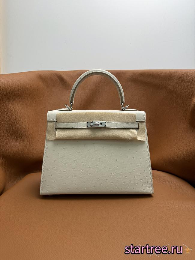 Hermes Kelly 25 White in Ostrich Silver Hardware - 1