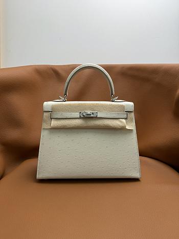 Hermes Kelly 25 White in Ostrich Silver Hardware