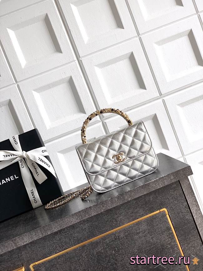Chanel 26C Cruise Bag With Pearl handle Silver- 10.5*15*5.5cm - 1
