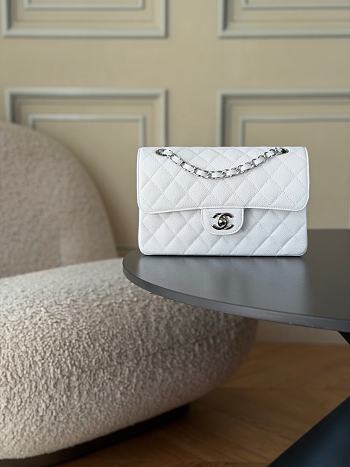Chanel Small Classic Double Flap White Caviar Silver Hardware-23cm