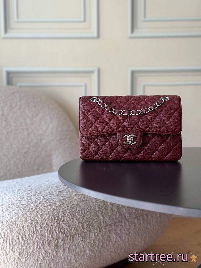 Chanel Small Classic Double Flap Caviar Silver Hardware Burgundy-23cm - 1