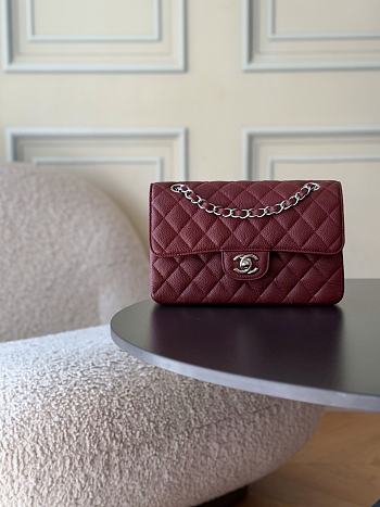 Chanel Small Classic Double Flap Caviar Silver Hardware Burgundy-23cm