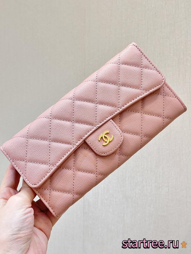 Chanel Classic Long Flap Wallet Caviar Leather Pink Gold Hardware- 10.5x19.4x3 cm - 1
