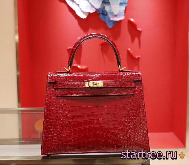 Hermes Kelly 25 Crocodile Leather Red-25cm - 1
