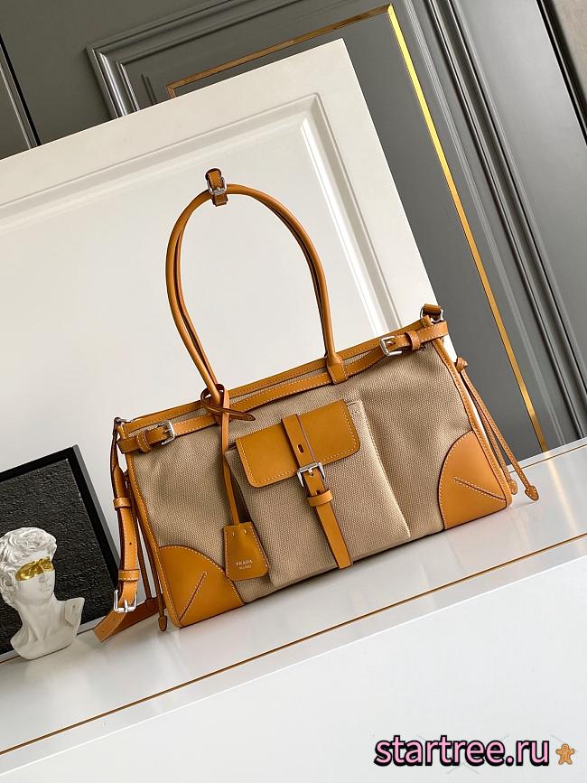 Prada Bonnie lLarge Linen and Leather Patchwork Handbag-38*24*12cm - 1