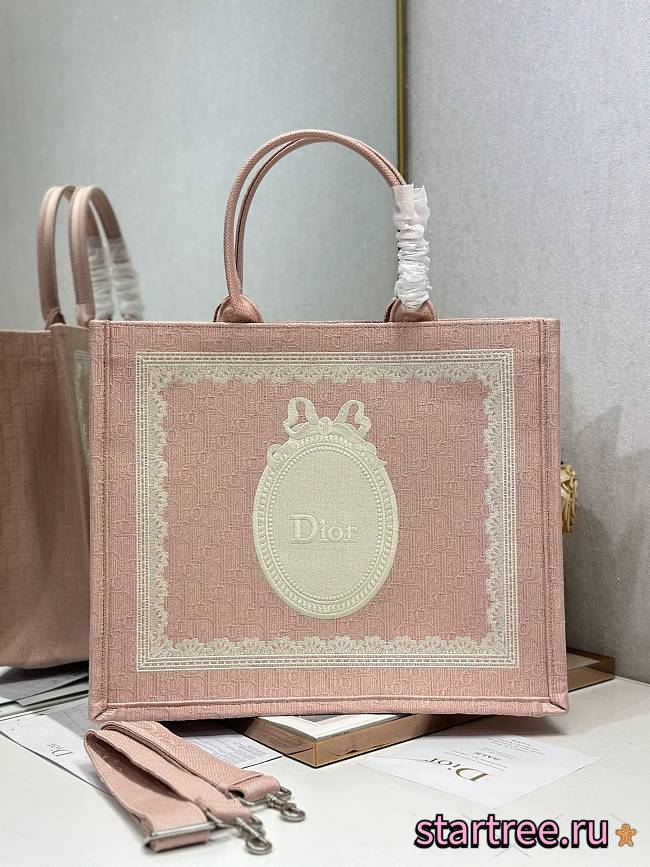 Dior large Book Tote with shoulder strap Pink and white-42*32*5CM - 1